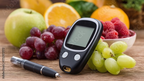 Close-up of a glucometer displaying blood sugar levels on a wooden table, next to insulin pen and healthy fresh fruits