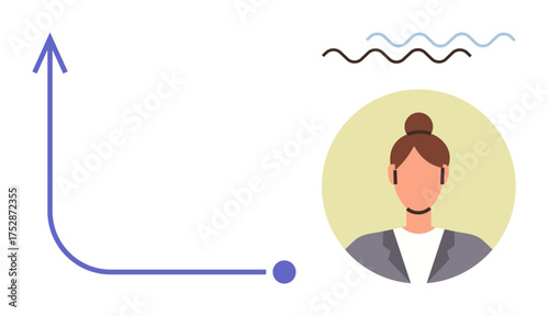 Upward arrow suggesting growth paired with a female avatar in professional attire, complemented by wavy lines conveying creativity and flexibility. Ideal for success, business, development