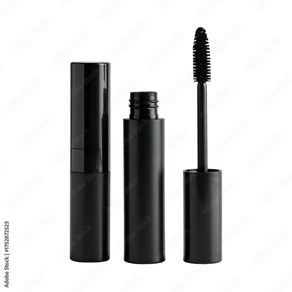 Obraz premium Black mascara product tube, applicator, and brush on black background, lit from front