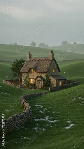 Cozy thatched cottage nestled in rolling green hills at dawn, with warm lights glowing from windows