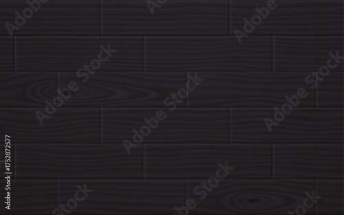 Dark wood floor background top view. Abstract pattern with black wooden planks. Texture of laminate floor with dark timber boards, vector realistic illustration