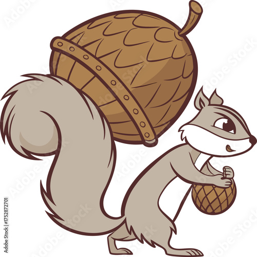 Whimsical cartoon squirrel carrying giant acorn and small nut autumn forest creature isolated on transparent background