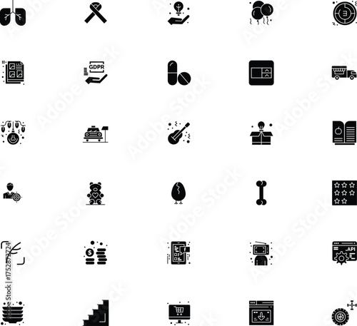 Collection of diverse vector icons representing various concepts and objects in black