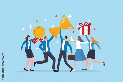 Employee recognition award, achievement success or excellence star honor reward celebration, winner trophy champion concept, business team with star quality badge, winning trophy and gift ribbon box.