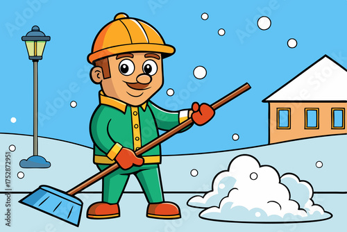 Funny smiling janitor removes snow with a shovel in the street