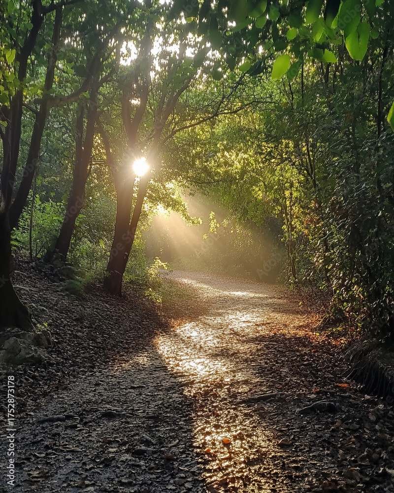 Obraz premium Sunbeams pierce a misty forest path
