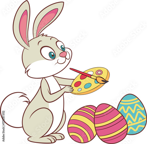 Cute bunny painting colorful easter eggs for spring celebration isolated on transparent background