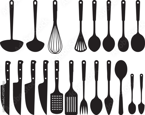 Set of Kitchen Tools for Cooking Food Preparation Utensils Chef Accessories Flatware Vector Illustration Isolated Transparent Background
