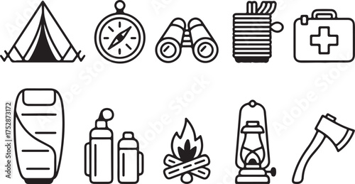 Camping and Outdoor Recreation Elements Vector Illustration Isolated on Transparent Background Traveling Adventure Journey Exploration Icon Set