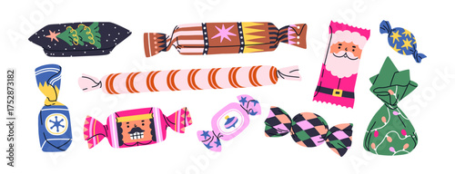 Christmas candies set. Sweet treats, lollipops, caramel and chocolate sugar snacks in holiday wrappers, wrapping designs with star pattern, Santa. Flat vector illustration isolated on white background
