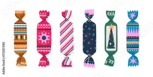 Christmas sweets set. Chocolate candies wrapped in holiday paper wrapper with star patterns, stripes, Xmas drawings. Sugar snack, confectionery. Flat vector illustration isolated on white background