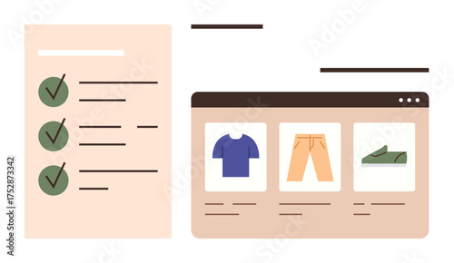 Checklist with completed tasks next to an online store window showcasing a t-shirt, pants, and shoes. Ideal for e-commerce, productivity, planning, organization, shopping, retail simple flat