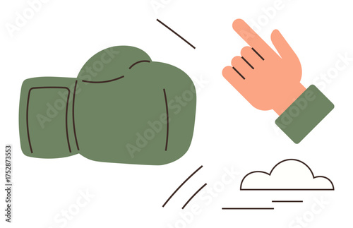 Green boxing glove and hand pointing forward with dynamic lines, reflecting action, confrontation, decision-making, and focus. Ideal for competition, motivation, teamwork, leadership success