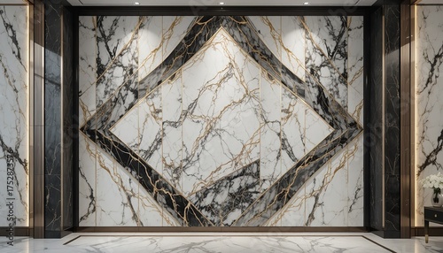 Luxury Interior: Marble Wall with Geometric Black Diamond Accent and Elegant Design