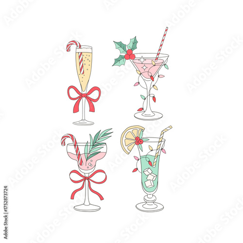 Preppy Retro Coquette Merry Christmas Cocktail Drinks Clipart Set, Champagne Martini Holiday Illustration, Cute Girly Festive Bar Art