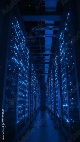 Dark server room filled with illuminated racks of servers, showcasing advanced technology in action