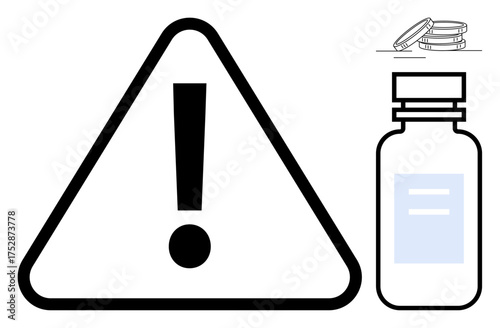 Exclamation mark inside triangle near closed medication bottle with tablets, emphasizing caution. Ideal for safety, healthcare, warning, risk management, pharmaceuticals, drug use, public health