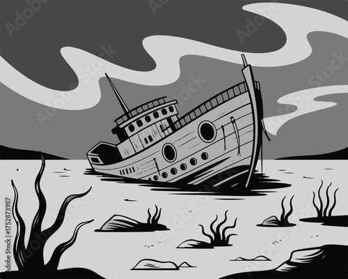 Underwater World Shipwreck Scene Illustration Of Sunken Old Vessel On Ocean Bottom With Algae Seaweed And Rocks In Grey Shades