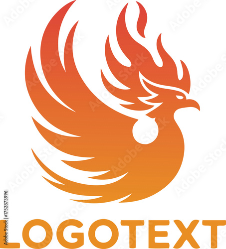 Orange phoenix bird with flames isolated on white background for logo design