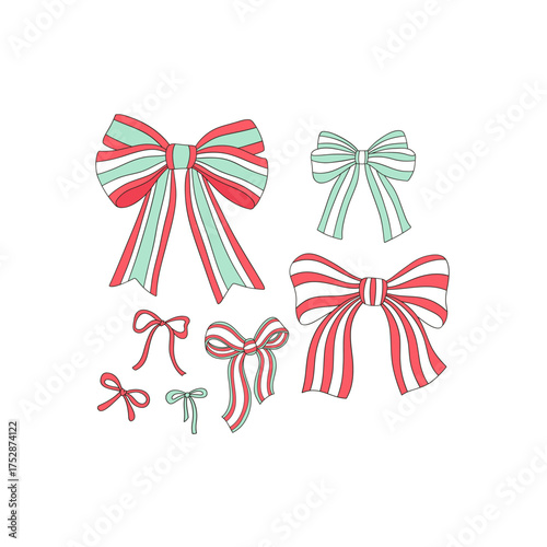 Preppy Retro Coquette Merry Christmas Peppermint Aesthetic Bow Clipart Set, Cute Pastel Holiday Ribbon Illustration, Girly Vintage Christmas Art