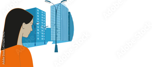 Woman Observing Urban Landscape Contemplation, City Life, Modern Architecture, Metropolitan Scenery