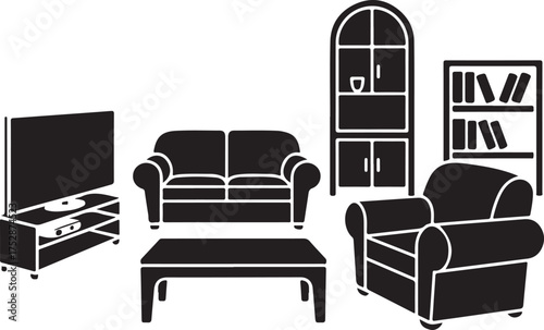 Living room interior furniture set including sofa television table armchair bookcase and cabinet silhouettes isolated on transparent background