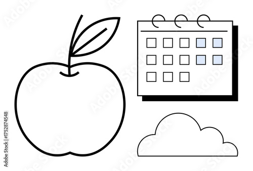 Apple, calendar with marked dates, and cloud outline signify health, time management, and simplicity. Ideal for themes thumbs up wellness, productivity, goal setting, organization sustainability