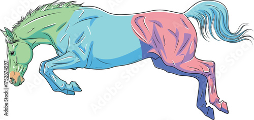 Dynamic illustration of a colorful horse in mid-leap, conveying motion and energy