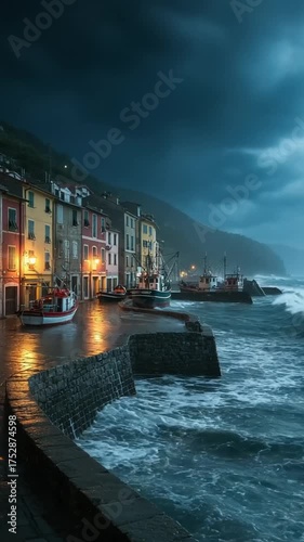 Dramatic coastal scene at night with colorful buildings, stormy skies, and crashing waves