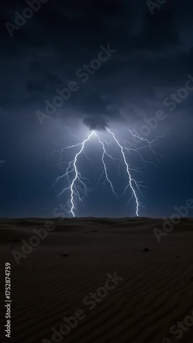 Dramatic lightning strikes illuminate a dark desert landscape under a stormy sky
