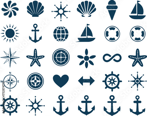 Collection of Nautical Elements Marine Symbols Ocean Themed Icons for T Shirt Prints and Summer Holiday Creative Idea 130 Char