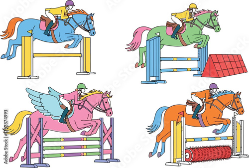 Joyful children enjoy equestrian show jumping with colorful horses and obstacles.