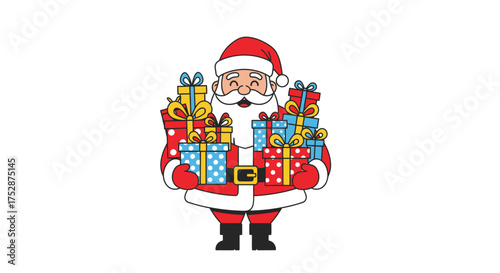 Jolly Santa Claus with a pile of colorful Christmas presents.