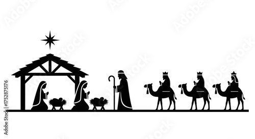 Nativity Scene Silhouette with Three Wise Men and Star of Bethlehem.
