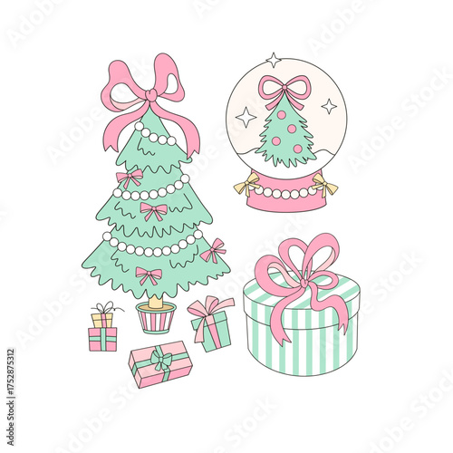 Preppy Cute Coquette Merry Christmas Tree Gifts Crystal Ball Clipart Set. Pastel Holiday Girly Aesthetic Illustration