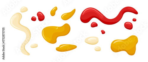 Sauce stain icon. Mustard, mayonnaise and ketchup splash. Cartoon dip splatter. Seasoning blob, food drop set. Kitchen tasty set isolated on white background. Liquid dressing menu. Vector illustration