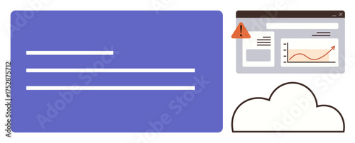 Cloud icon connected with analytical dashboard featuring critical alert and rising graph. Ideal for technology, cloud storage, data analysis, cybersecurity, growth, innovation, digital