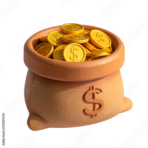 A 3D rendered money bag spilling golden coins, with a dollar sign on front