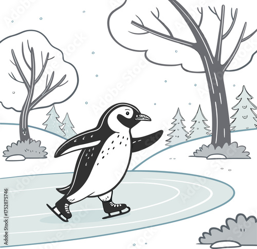Playful penguin ice skating through snowy winter park scene isolated on transparent background