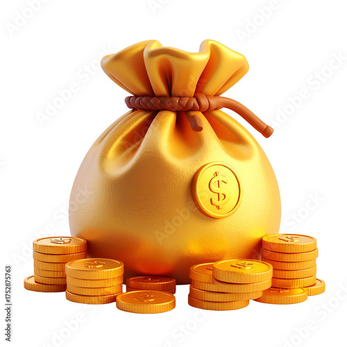 Golden bag of wealth sits among stacks of coins, symbol of money, financial gains, prosperity