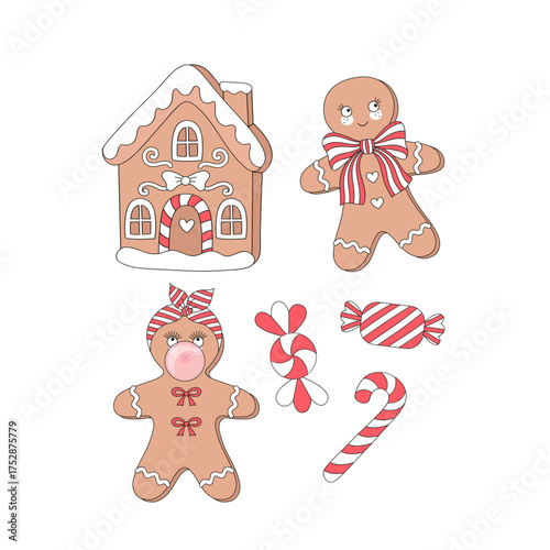 Preppy Retro Coquette Merry Christmas Gingerbread Girl Boy House and Peppermint Candy Clipart Set, Cute Holiday Bakery Illustration, Vintage Sweet Christmas Art