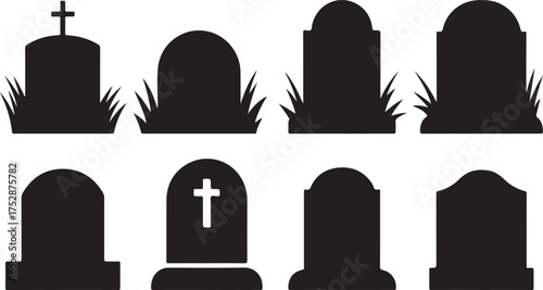 Collection of graveyard tombstone silhouette with grass vector illustration isolated on transparent background