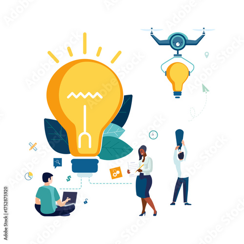 Vector illustrations. Ideas are important for your business, entrepreneurial journey. Delivering new business idea by drone, People, workers girls and boys, creative group analysis. Finance developmen