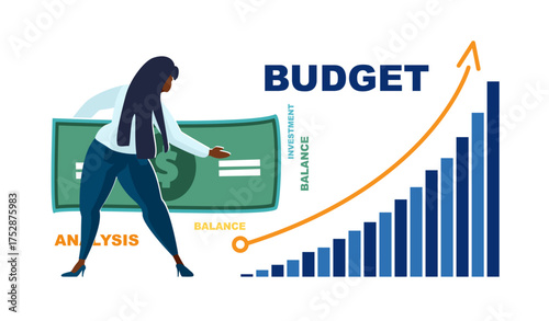 Business, work. African american business woman worker and financier putting dollars into budget to finance investment growth. Poster, audit, people, bank prosperity, profitability.Vector illustration