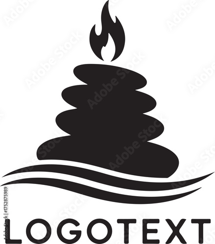 Black and white spa logo with stones and fire isolated on white background