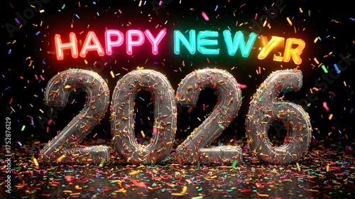 Wallpaper Mural Neon glowing party lights framing “Happy New Year 2026” 3D text in bright vibrant colors Torontodigital.ca