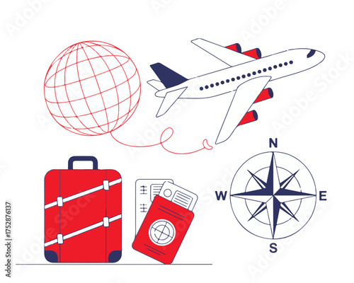 Travel Illustration Featuring Airplane, Luggage, Passport, and Compass