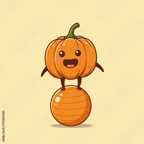 A cute, smiling cartoon pumpkin character is balancing on a striped orange exercise ball.

