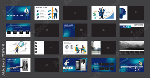 Presentation, set. A team of people creates a business, teamwork. Business, launching a new financial project. PowerPoint, infographic template, design blue, black elements. Vector illustration