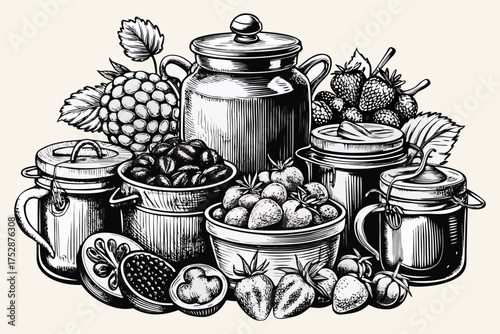 Homemade Berry Jam and Preserves with Fresh Fruits and Mason Jars – Vintage Line Art.